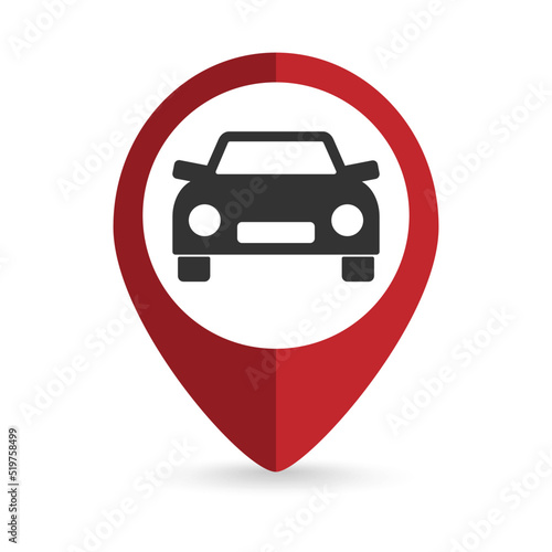 Map pointer with car icon. Vector illustration.
