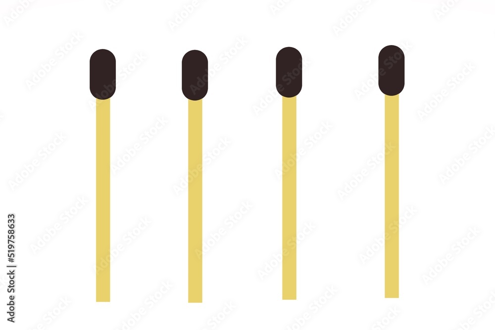 A group of four Matchstick standing vertical in a row on White Background. A group of four Matchstick standing vertical in a row on White Background.