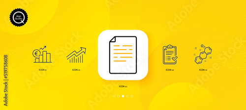 Approved checklist, Demand curve and Document minimal line icons. Yellow abstract background. Chemical formula, Euro rate icons. For web, application, printing. Vector