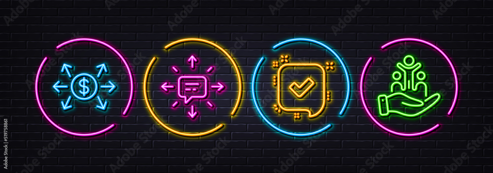Dollar exchange, Sms and Confirmed minimal line icons. Neon laser 3d lights. Inclusion icons. For web, application, printing. Payment, Conversation, Accepted message. Equity justice. Vector