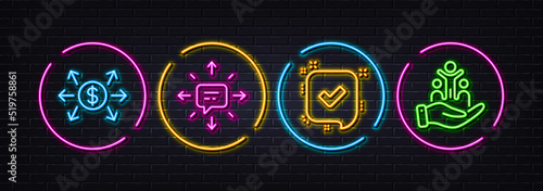 Dollar exchange, Sms and Confirmed minimal line icons. Neon laser 3d lights. Inclusion icons. For web, application, printing. Payment, Conversation, Accepted message. Equity justice. Vector