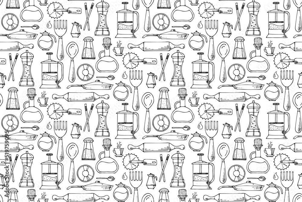 Vector seamless pattern of kitchen tools. Hand drawn doodle cooking equipments. background for restaurant menu, recipe book, and wallpaper.
