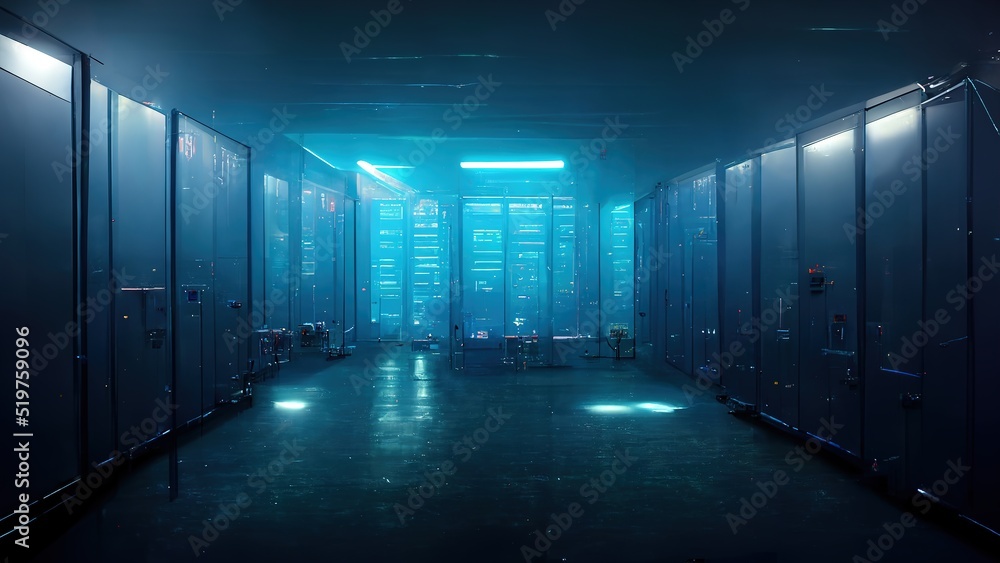 Server Rack Quantum Computer View of a Server room data center. Server racks, quantum computers ...