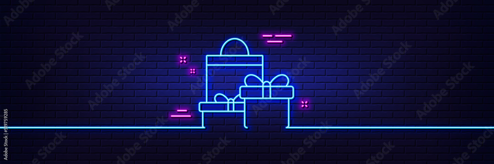 Neon light glow effect. Gift boxes with bag line icon. Present or Sale sign. Birthday Shopping symbol. Package in Gift Wrap. 3d line neon glow icon. Brick wall banner. Shopping outline. Vector Neon light glow effect. Gift boxes with bag line icon. Present or Sale sign. Birthday Shopping symbol. Package in Gift Wrap. 3d line neon glow icon. Brick wall banner. Shopping outline. Vector