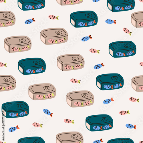Seamless pattern with cans of sardines. Canned  goods anchovies, tinned tuna. Fish preserves in metal can. Conserved seafood in closed sealed container. Cats food.