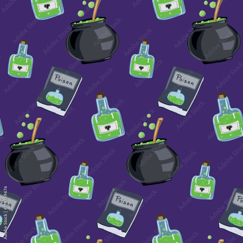 Seamless pattern for halloween. Poisons and the witch's cauldron. A book on the study of poisons. Seamless pattern for halloween. Poisons and the witch's cauldron. A book on the study of poisons.