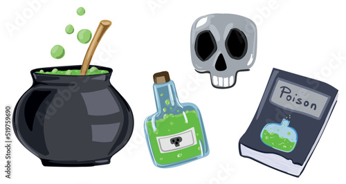 Set of items for halloween. A witch's cauldron, a jar of poison, an old book and a skull.