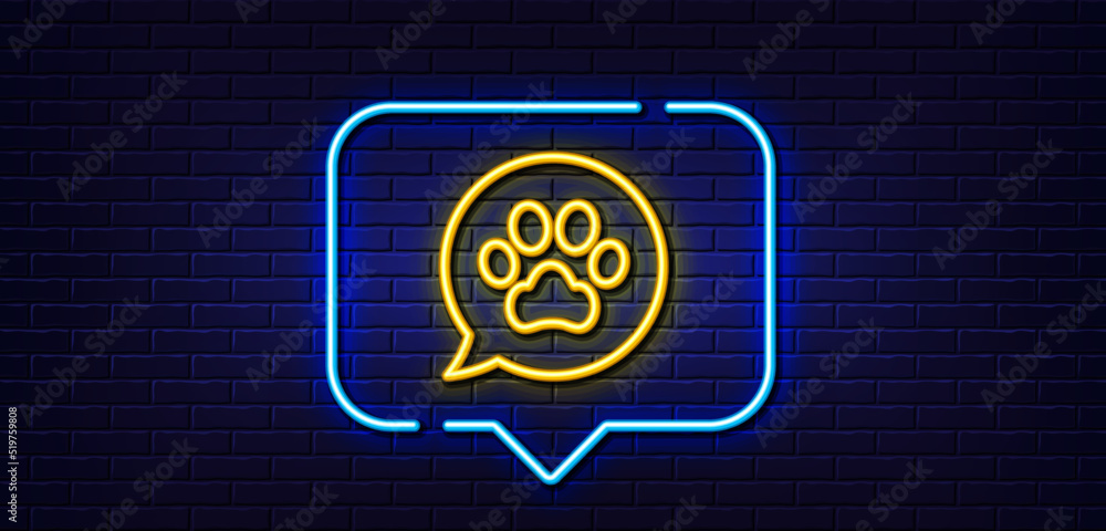 Neon light speech bubble. Pets care line icon. Veterinary clinic bubble sign. Dog paw speech bubble symbol. Neon light background. Pets care glow line. Brick wall banner. Vector Neon light speech bubble. Pets care line icon. Veterinary clinic bubble sign. Dog paw speech bubble symbol. Neon light background. Pets care glow line. Brick wall banner. Vector
