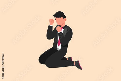 Business flat drawing happy businessman kneeling with gesture of both hands yes. Salesman celebrates salary increase benefits from company. Success business target. Cartoon design vector illustration