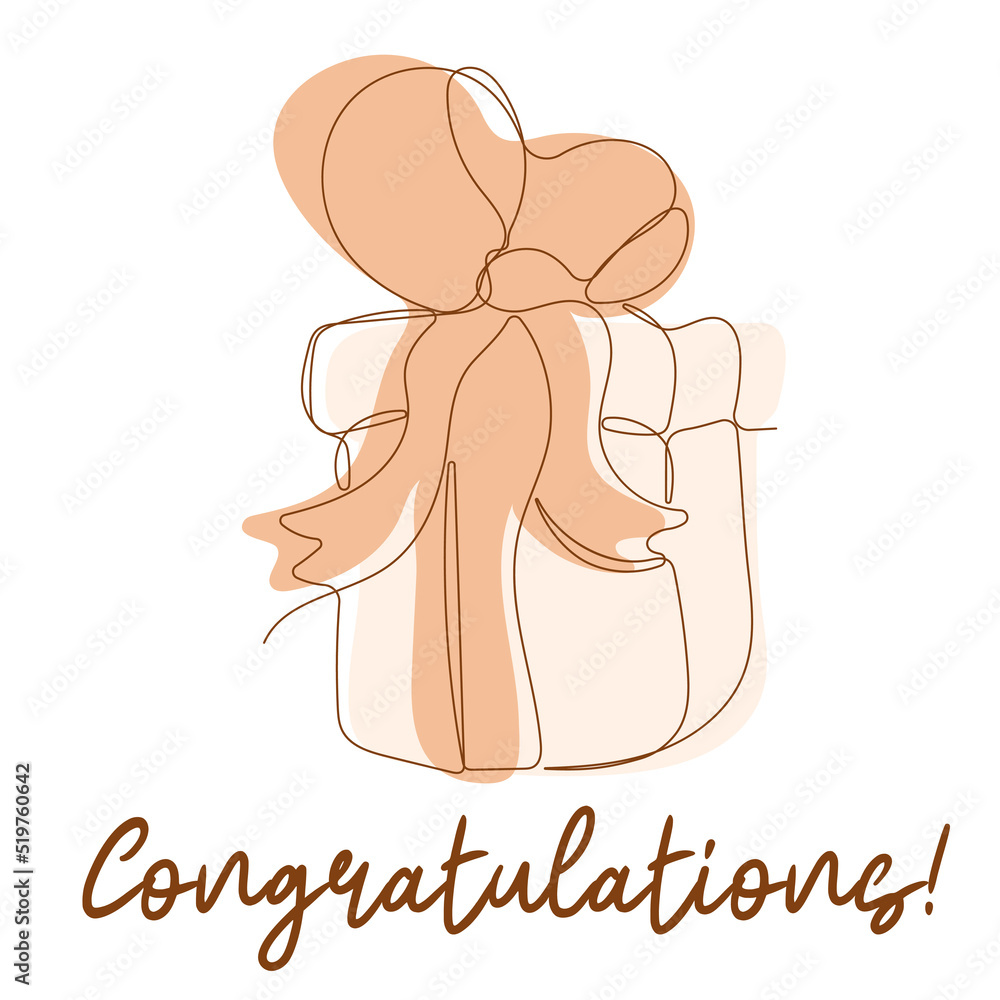 Congratulations. Cute gift box with bow on white background. Hand drawn design elements. One continuous line art vector illustration Congratulations. Cute gift box with bow on white background. Hand drawn design elements. One continuous line art vector illustration