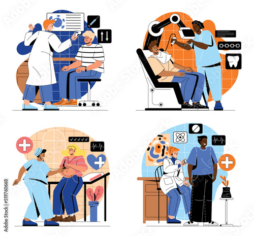 Medical examination. Set of doctors checking health. Dental treatment, pregnancy diagnostics and temperature measurement. Gynecologist, pulmonologist and virologist. Cartoon flat vector collection