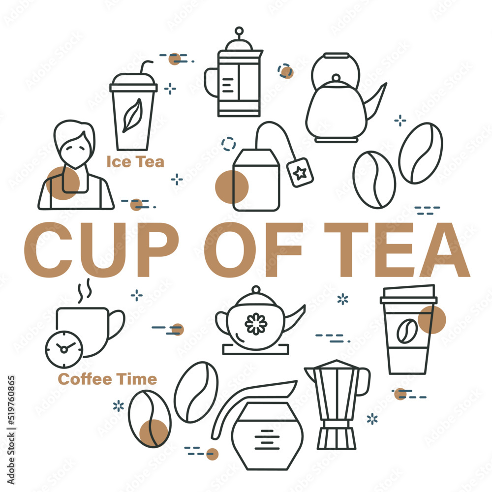 Cup of tea vector banner with circle design. Isolated linear icons around of the text on white Cup of tea vector banner with circle design. Isolated linear icons around of the text on white