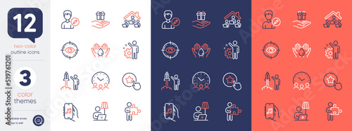 Set of Puzzle, Music app and Employee line icons. Include Loyalty star, Eye target, Launch project icons. Floor lamp, Meeting time, Loyalty program web elements. Work home, Wash hands. Vector