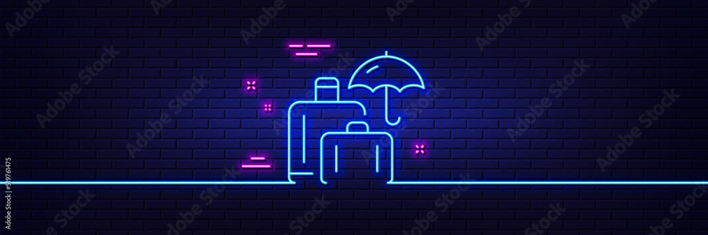 Neon light glow effect. Luggage insurance line icon. Suitcase bag sign. Baggage protect symbol. 3d line neon glow icon. Brick wall banner. Luggage insurance outline. Vector Neon light glow effect. Luggage insurance line icon. Suitcase bag sign. Baggage protect symbol. 3d line neon glow icon. Brick wall banner. Luggage insurance outline. Vector