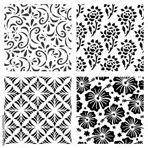 Silhouette of a geometric and floral black and white pattern seamless