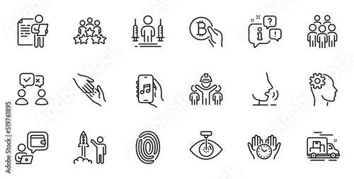 Outline set of Music app, Engineering team and Group people line icons for web application. Talk, information, delivery truck outline icon. Vector
