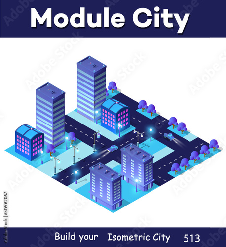 Night isometric smart blue ultraviolet block quarter city at night with lights