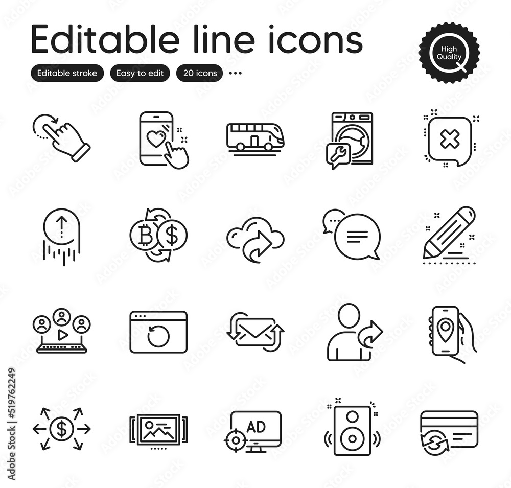Set of Technology outline icons. Contains icons as Washing machine, Speakers and Bus tour elements. Dollar exchange, Refer friend, Bitcoin exchange web signs. Rotation gesture. Vector Set of Technology outline icons. Contains icons as Washing machine, Speakers and Bus tour elements. Dollar exchange, Refer friend, Bitcoin exchange web signs. Rotation gesture. Vector