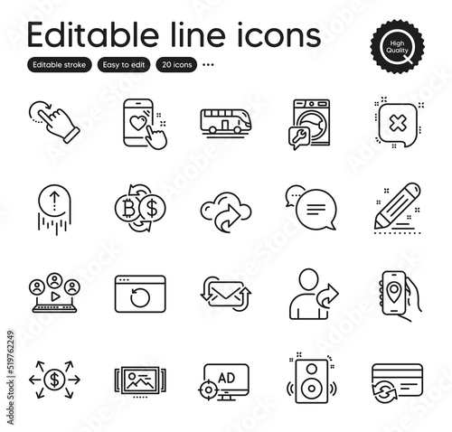 Set of Technology outline icons. Contains icons as Washing machine, Speakers and Bus tour elements. Dollar exchange, Refer friend, Bitcoin exchange web signs. Rotation gesture. Vector