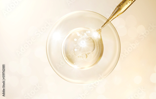 Cosmetic pipette with Cosmetic Essence oil and Molecule Model, Liquid drop background, 3d rendering.