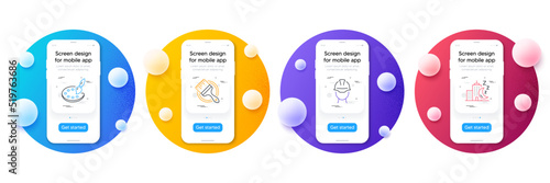 Minimal set of Palette, Foreman and Brush line icons for web development. Phone ui interface mockup with balls. Night city icons. Art brush, Engineer person, Sleeping building. Vector