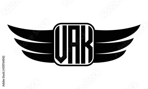 VAK three Letter wing minimalist creative concept icon eagle symbol professional black and white logo design, Vector template