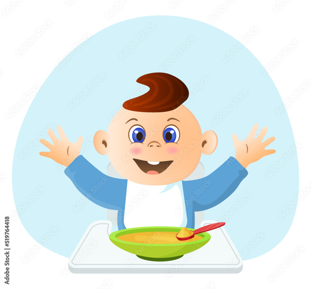 The child eats behind the feeding chair. Vector illustration. The child eats behind the feeding chair. Vector illustration.