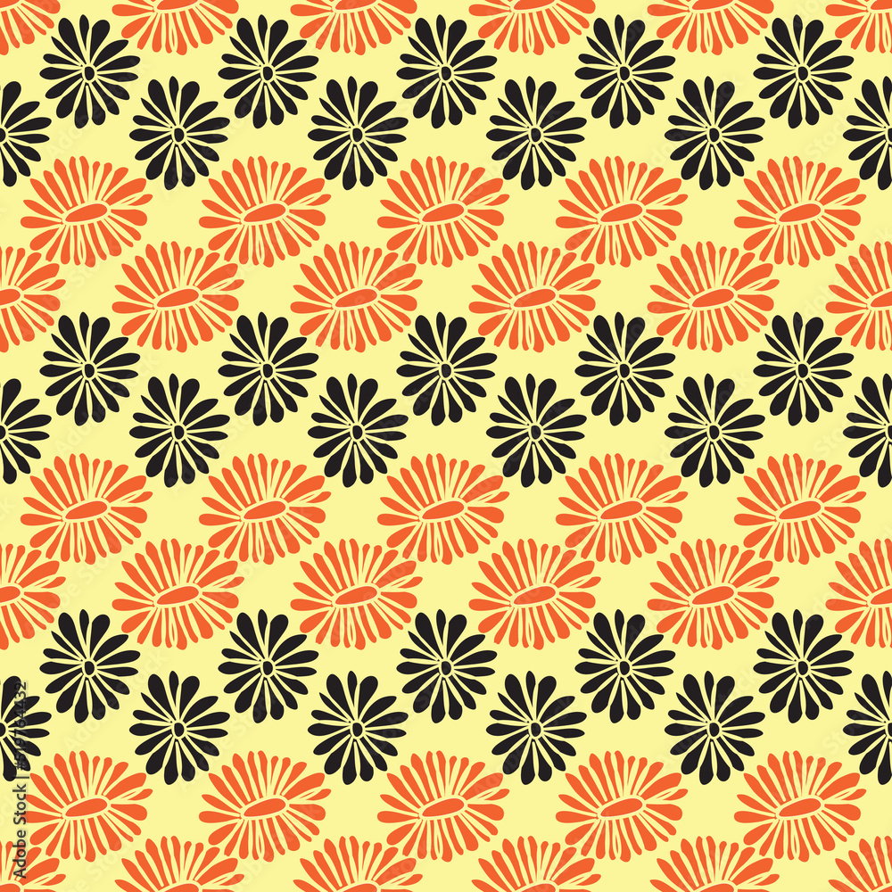 orange and black flowers with yellow background seamless repeat pattern