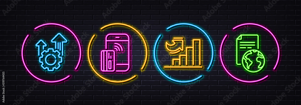 Seo gear, Growth chart and Contactless payment minimal line icons. Neon laser 3d lights. Translation service icons. For web, application, printing. Cogwheel, Diagram graph, Phone money. Vector