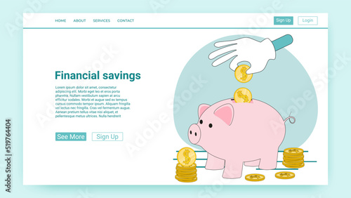 Financial savings.People save money in a piggy bank.An illustration in the style of a green landing page.