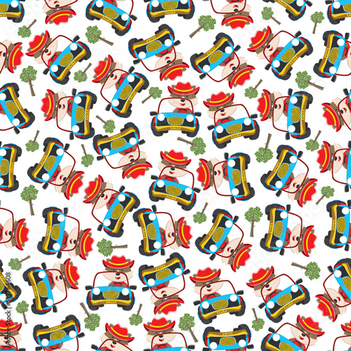 Seamless pattern vector of Cute fox cartoon having fun driving off road car go to forest. Creative vector childish background for fabric textile, nursery wallpaper, poster. and other decoration.