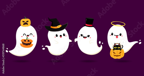 Happy halloween party greeting card with cute ghost. Holidays cartoon character. Cute spooky ghosts.