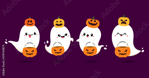 Happy halloween party greeting card with cute ghost. Holidays cartoon character. Cute spooky ghosts.