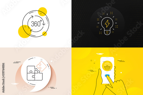 Minimal set of Puzzle, 360 degree and Online shopping line icons. Phone screen, Quote banners. Inspiration icons. For web development. Engineering strategy, Virtual reality, Internet buying. Vector