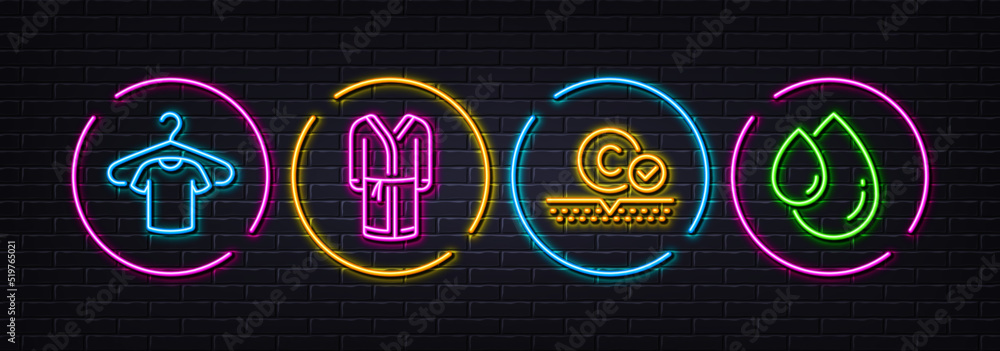Collagen skin, T-shirt and Bathrobe minimal line icons. Neon laser 3d lights. Oil drop icons. For web, application, printing. Skin care, Short sleeves shirt, Bath housecoat. Serum. Vector