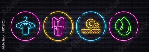 Collagen skin, T-shirt and Bathrobe minimal line icons. Neon laser 3d lights. Oil drop icons. For web, application, printing. Skin care, Short sleeves shirt, Bath housecoat. Serum. Vector