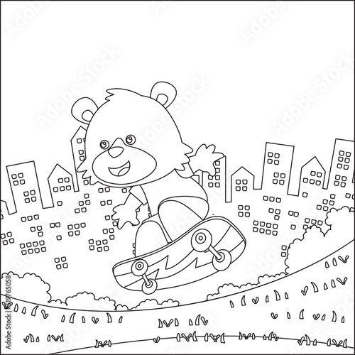 Vector illustration of cute little fox on skate board. Cartoon isolated vector illustration, Creative vector Childish design for kids activity colouring book or page.