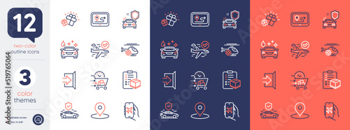 Set of Food delivery, Gift and Car wash line icons. Include Flight mode, Gps, Confirmed flight icons. Medical helicopter, Exit, Pin web elements. Car secure, Parcel checklist. Vector