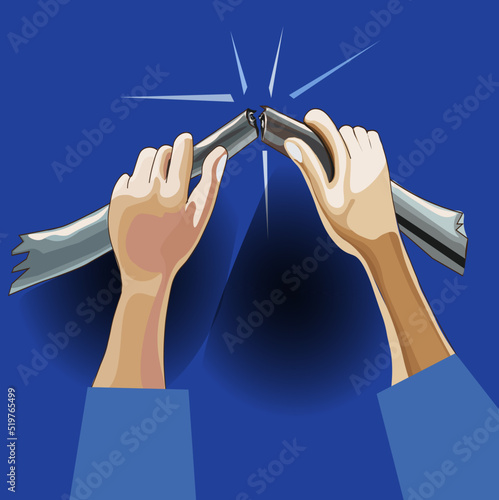 two hands break a branch until it breaks in two 