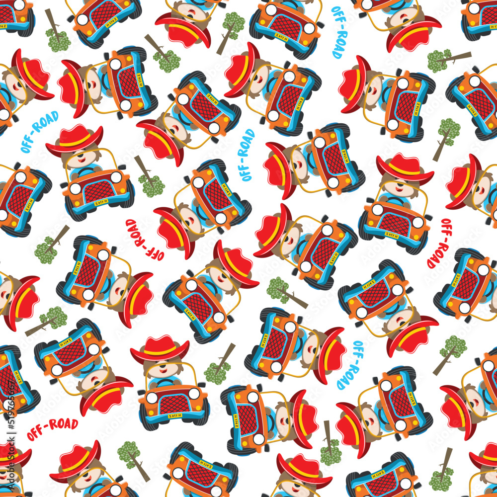 Fototapeta premium Seamless pattern vector of Cute fox cartoon having fun driving off road car go to forest. Creative vector childish background for fabric textile, nursery wallpaper, poster. and other decoration.