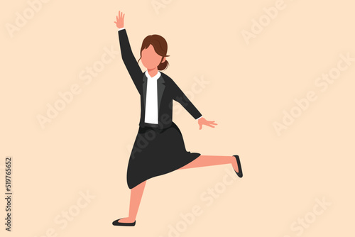 Business flat cartoon style drawing happy businesswoman jumping with spreads both legs and raises one hand. Worker celebrate achievement of increasing product sales. Graphic design vector illustration © onetime