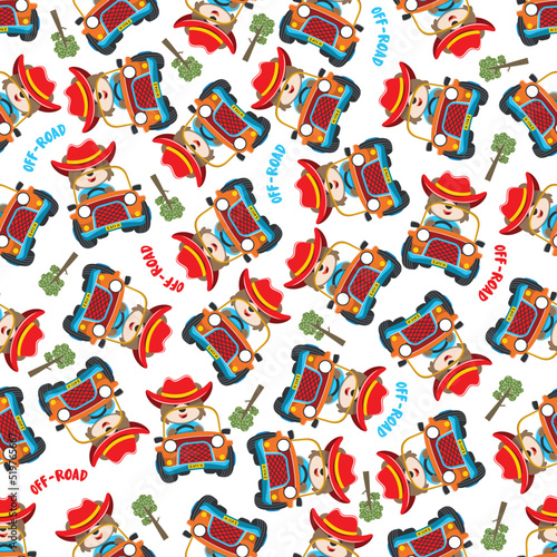Seamless pattern vector of Cute fox cartoon having fun driving off road car go to forest. Creative vector childish background for fabric textile, nursery wallpaper, poster. and other decoration.