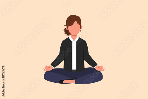 Business design drawing relaxed businesswoman doing yoga and resting from busy work. Worker sitting in yoga pose, meditation, relaxing, calm down, manage stress. Flat cartoon style vector illustration