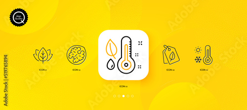 Thermometer, Organic tested and Bio tags minimal line icons. Yellow abstract background. Walnut, Weather thermometer icons. For web, application, printing. Grow plant, Bio ingredients, Leaf. Vector