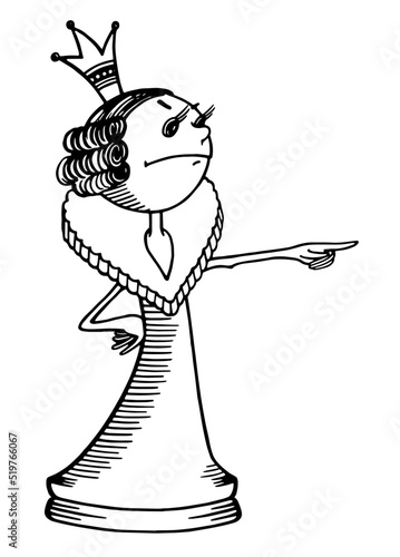 Chess piece, cartoon character, live chess queen, coloring book, illustration for children's chess club