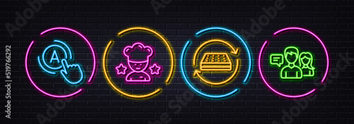 Ab testing, Mattress and Best chef minimal line icons. Neon laser 3d lights. People talking icons. For web, application, printing. A test, Sleeping pad, Ranking stars. Contact service. Vector