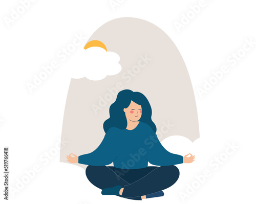 Young woman relaxing in lotus yoga posture. Calm teenage girl meditating next to the window to maintain her balance and harmony with the nature. Mental health wellbeing or mindfulness concept. Vector.