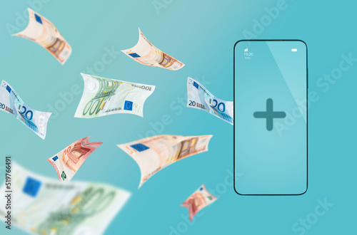 Collage finance and apps. Paper euro bills fly into the smartphone, replenishing the balance. Turquoise background. The concept of remittance and investment