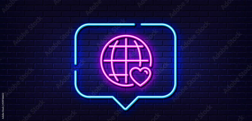 Neon light speech bubble. International Love line icon. Heart with Globe symbol. Valentines day sign. Neon light background. International Love glow line. Brick wall banner. Vector Neon light speech bubble. International Love line icon. Heart with Globe symbol. Valentines day sign. Neon light background. International Love glow line. Brick wall banner. Vector