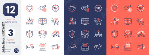 Set of Copyright protection, Search mail and Video conference line icons. Include Hold heart, Work home, Business vision icons. Tips, Loyalty card, Megaphone web elements. Discounts cart. Vector